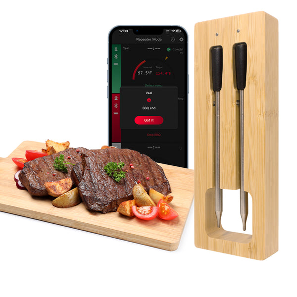 Kachen a Fritten Thermometer - WIFI mat Fritten APP - Repeater suergt fir eng laang Distanz tëscht dem Handy - Uewen, Grill oder Pan.