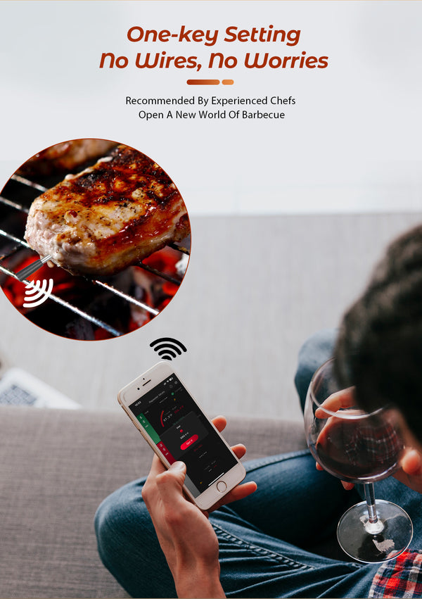 Kachen a Fritten Thermometer - WIFI mat Fritten APP - Repeater suergt fir eng laang Distanz tëscht dem Handy - Uewen, Grill oder Pan.
