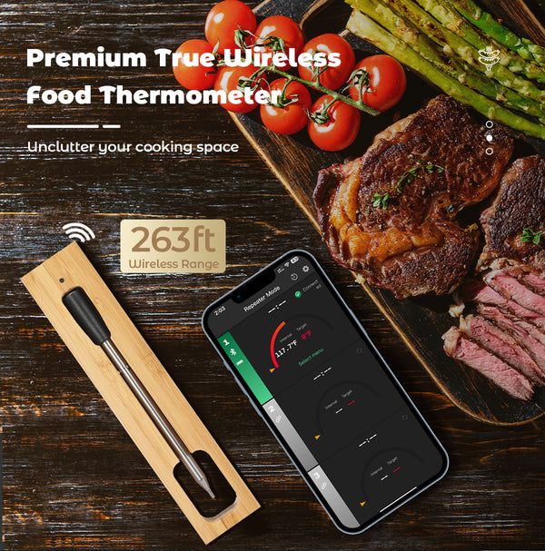 Kachen a Fritten Thermometer - WIFI mat Fritten APP - Repeater suergt fir eng laang Distanz tëscht dem Handy - Uewen, Grill oder Pan.