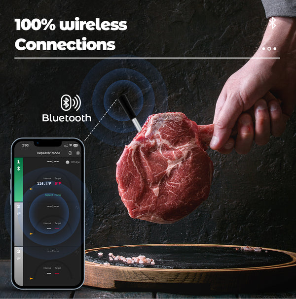 Kachen a Fritten Thermometer - WIFI mat Fritten APP - Repeater suergt fir eng laang Distanz tëscht dem Handy - Uewen, Grill oder Pan.