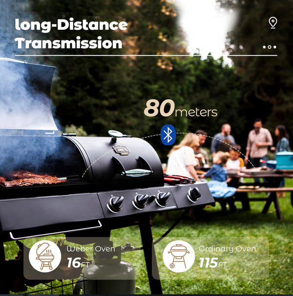 Kachen a Fritten Thermometer - WIFI mat Fritten APP - Repeater suergt fir eng laang Distanz tëscht dem Handy - Uewen, Grill oder Pan.