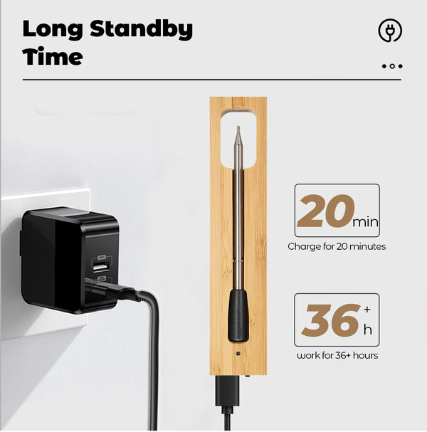 Kachen a Fritten Thermometer - WIFI mat Fritten APP - Repeater suergt fir eng laang Distanz tëscht dem Handy - Uewen, Grill oder Pan.
