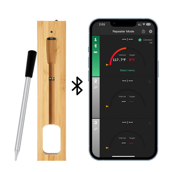 Kachen a Fritten Thermometer - WIFI mat Fritten APP - Repeater suergt fir eng laang Distanz tëscht dem Handy - Uewen, Grill oder Pan.