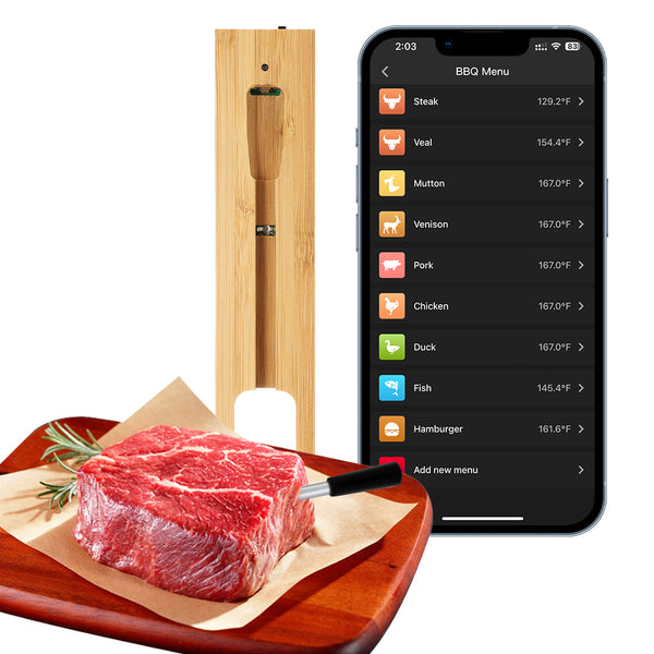 Kachen a Fritten Thermometer - WIFI mat Fritten APP - Repeater suergt fir eng laang Distanz tëscht dem Handy - Uewen, Grill oder Pan.