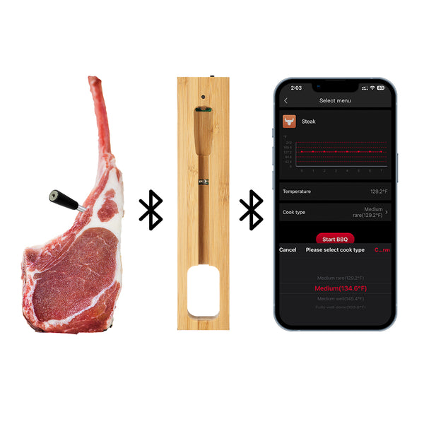 Kachen a Fritten Thermometer - WIFI mat Fritten APP - Repeater suergt fir eng laang Distanz tëscht dem Handy - Uewen, Grill oder Pan.