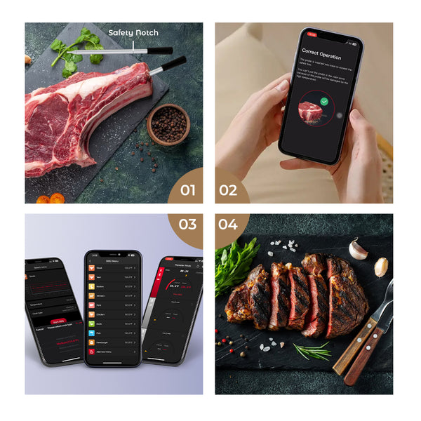Kachen a Fritten Thermometer - WIFI mat Fritten APP - Repeater suergt fir eng laang Distanz tëscht dem Handy - Uewen, Grill oder Pan.