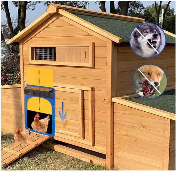Drut dla kurczaków otwiera się/zamyka za pomocą drutu dla kurczaków - Współpracuje z baterią, ogniwami słonecznymi i / lub gniazdem ładowania - Automatycznie