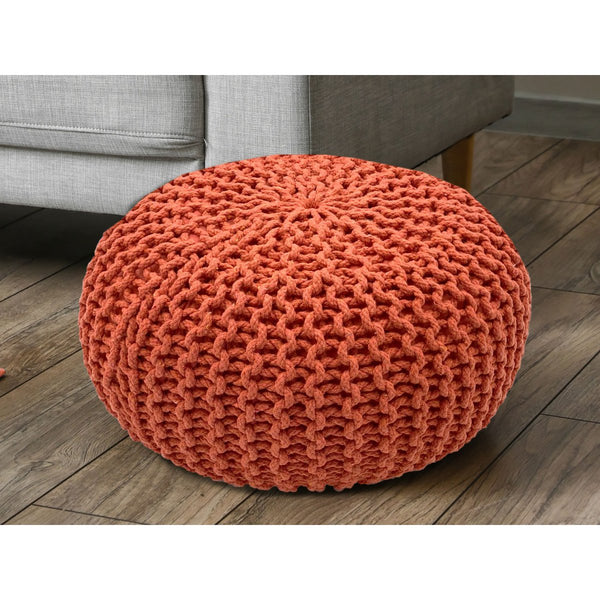 Pouf mit Durchmesser 55 cm (Orangerot) - Strickhocker/Bodenkissen - Grobstrickoptik extra hoch Höhe 37 cm