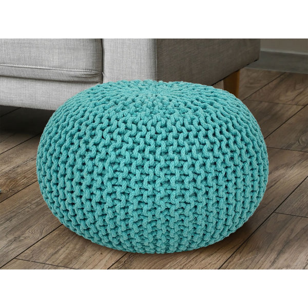 Poef diameter 55 cm gebreide kruk (mintgroen) - Poef/vloerkussen - Grof gebreide look extra hoog hoogte 37 cm