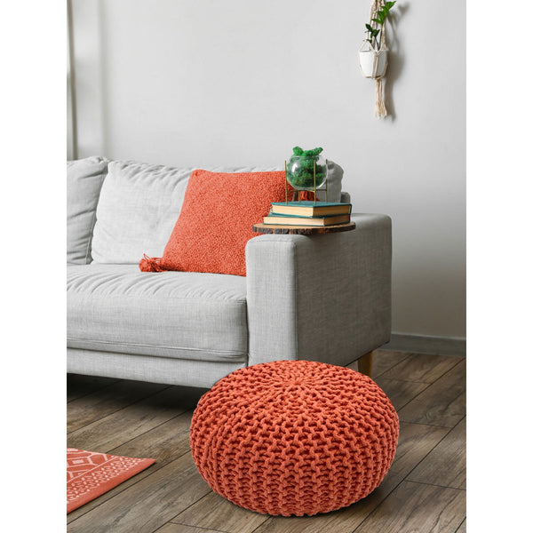 Pufa o średnicy 55 cm (pomarańczowo-czerwony) - Dzianinowy stołek/poduszka podłogowa - Grubo tkany wygląd, bardzo wysoka wysokość 37 cm