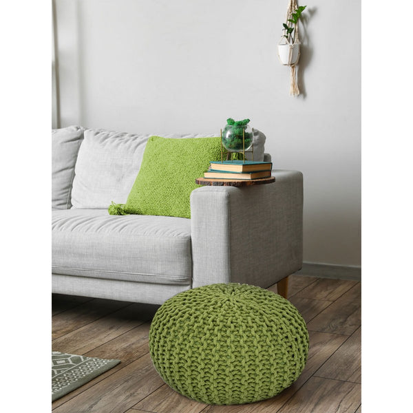 Puf o průměru 55 cm (trávově zelená) - Pletený taburet/polštář - Vzhled hrubého úpletu extra vysoká výška 37 cm