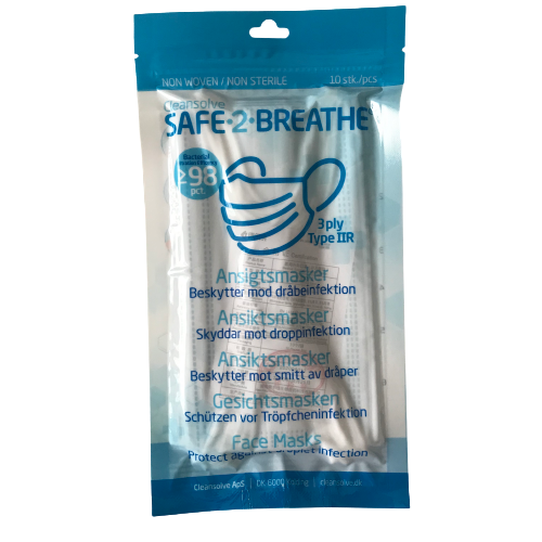 Safe2Breathe - Mundbind - ansigtsmasker - 3 lags type IIR - CE mærket - Pakning med 10 stk
