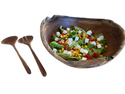 Salotų rinkinys iš tikmedžio – susideda iš maždaug dubenėlio. 30 cm skersmens ir 10 cm aukščio bei salotų stalo įrankiai