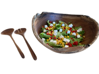 Set salata din lemn de tec - format din bol aprox. 30 cm diametru și 10 cm înălțime și tacâmuri pentru salată
