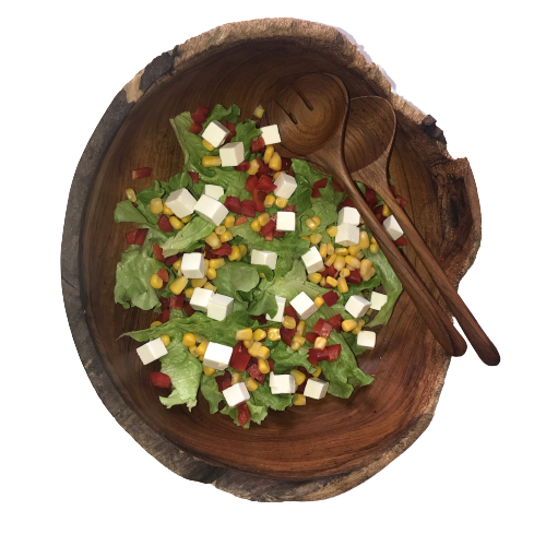 Salatsæt i Teak træ - bestående af skål ca. 30 cm i diameter og 10 cm  høj samt salatbestik