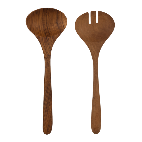 Servizio da insalata in legno di Teak - composto da ciotola ca. 30 cm di diametro e 10 cm di altezza e posate per insalata